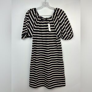 NWT J. Crew Puff Sleeve Knit Sheath Dress Blk & Wht Stripes 3/4 Sleeve Sz XS